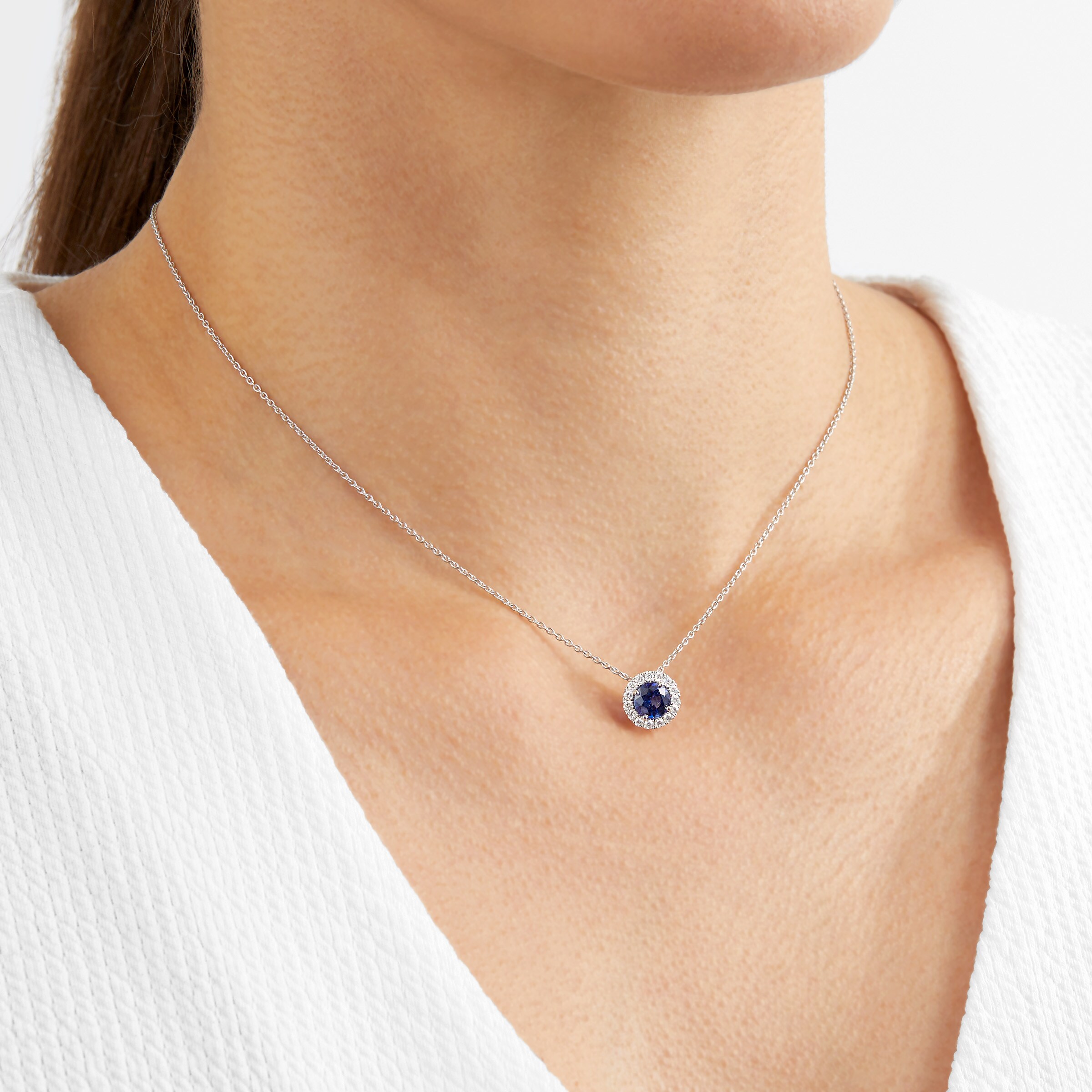 Pear Shaped Blue Sapphire & Diamond Halo Necklace | New York Jewelers  Chicago